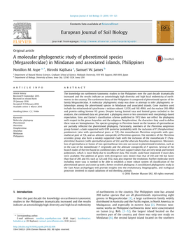 A Molecular Phylogenetic Study of Pheretimoid Species (Megascolecidae) in Mindanao and Associated Islands, Philippines