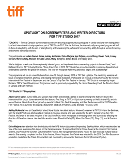 News Release. Spotlight on Screenwriters and Writer