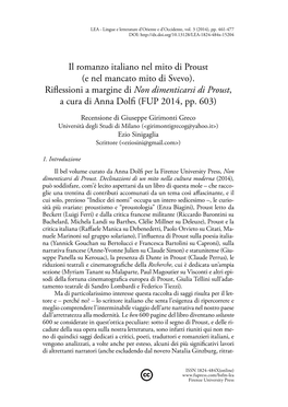 Il Romanzo Italiano Nel Mito Di Proust (E Nel Mancato Mito Di Svevo). Rifl Essioni a Margine Di Non Dimenticarsi Di Proust, a Cura Di Anna Dolfi (FUP 2014, Pp