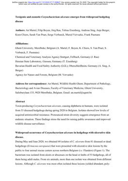 Toxigenic and Zoonotic Corynebacterium Ulcerans Emerges from Widespread Hedgehog Disease