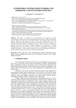 Symmetries, Generalized Numbers and Harmonic Laws in Matrix Genetics