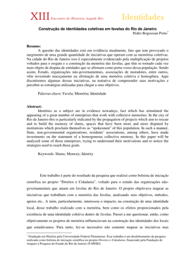 Construção De Identidades Coletivas Em Favelas Do Rio De Janeiro Pedro Bogossian Porto *