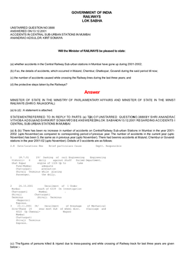 Answered On:13.12.2001 Accidents in Central Sub-Urban Stations in Mumbai Anandrao Adsul;Dr