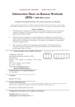 Information Sheet on Ramsar Wetlands (RIS) – 2009-2014 Version