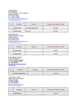 Al Bustan Palace Intercontinental P.O Box 1998, Post Code 114, Muttrah, Sultanate of Oman Tel