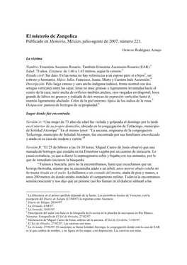 El Misterio De Zongolica Publicado En Memoria , México, Julio-Agosto De 2007, Número 221