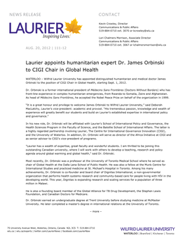 Laurier Appoints Humanitarian Expert Dr. James Orbinski to CIGI Chair in Global Health