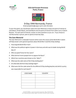 D-Day 1944 Normandy, France Email Parispatches@Usagso.Org for Order Information