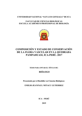 Composición Y Estado De Conservación De La Flora Vascular En La Quebrada Pampahuasi, Ica-Perú. 2017
