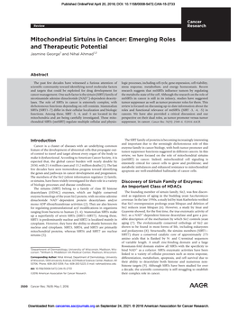 Mitochondrial Sirtuins in Cancer: Emerging Roles and Therapeutic Potential Jasmine George1 and Nihal Ahmad1,2