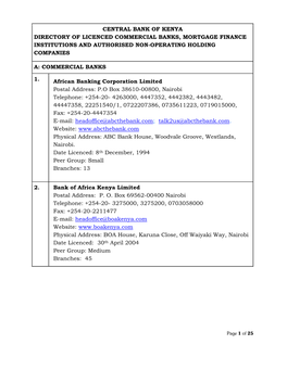 Central Bank of Kenya Directory of Licenced Commercial Banks, Mortgage Finance Institutions and Authorised Non-Operating Holding Companies