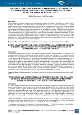 A Análise Das Relações Brasil E Bolívia Através Das Cidades Gêmeas De Brasiléia, Epitaciolândia E Cobija1