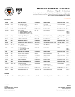 SCHEDULE Wasatch Academy 2019-20 Varsity Basketball