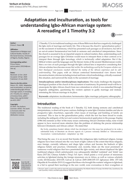 Adaptation and Inculturation, As Tools for Understanding Igbo-African Marriage System: a Rereading of 1 Timothy 3:2