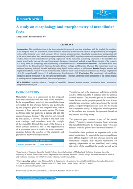 A Study on Morphology and Morphometry of Mandibular Fossa Aditya Jain1, Thenmozhi M S2*