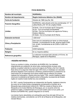 FICHA MUNICIPAL Nombre Del Municipio KUKRAHILL Nombre Del