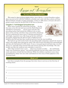 Anne of Avonlea | 7Th Grade Reading Comprehension Worksheet