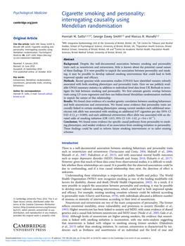 Cigarette Smoking and Personality: Interrogating Causality Using Cambridge.Org/Psm Mendelian Randomisation