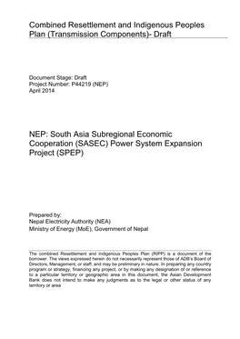 Combined Resettlement and Indigenous Peoples Plan (Transmission Components)- Draft