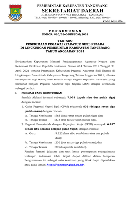 Pemerintah Kabupaten Tangerang Sekretariat Daerah Jl
