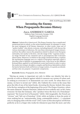 Inventing the Enemy. When Propaganda Becomes History Anca ANDRIESCU GARCIA Valdosta State University, Georgia, USA English Language Institute Garciaanca@Yahoo.Com