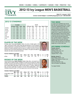 2012-13 Ivy League Men's Basketball INDIVIDUAL BASKETBALL STATISTICS Through Games of Jan 06, 2013 (All Games)