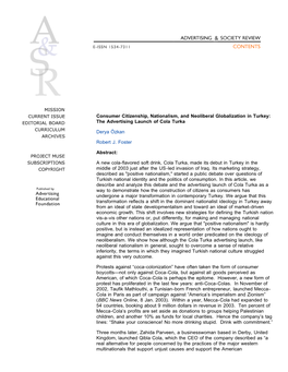 Consumer Citizenship, Nationalism, and Neoliberal Globalization in Turkey: the Advertising Launch of Cola Turka Derya Özkan