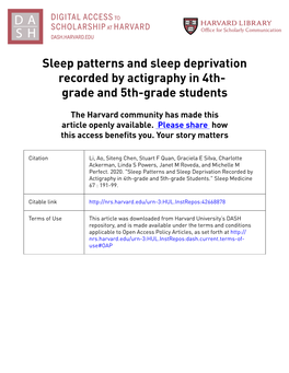 Sleep Patterns and Sleep Deprivation Recorded by Actigraphy in 4Th- Grade and 5Th-Grade Students