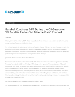 Baseball Continues 24/7 During the Off-Season on XM Satellite Radio's 