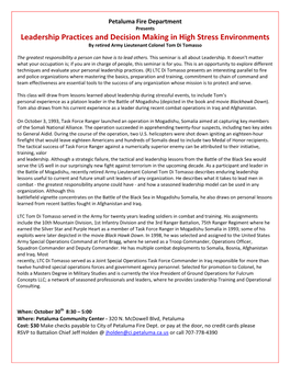 Leadership Practices and Decision Making in High Stress Environments by Retired Army Lieutenant Colonel Tom Di Tomasso