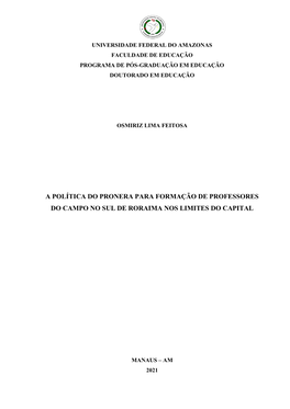 A Política Do Pronera Para Formação De Professores Do Campo No Sul De Roraima Nos Limites Do Capital