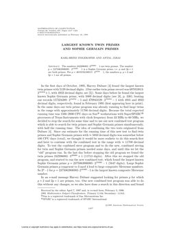 LARGEST KNOWN TWIN PRIMES and SOPHIE GERMAIN PRIMES In