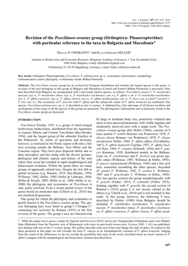 Revision of the Poecilimon Ornatus Group (Orthoptera: Phaneropteridae) with Particular Reference to the Taxa in Bulgaria and Macedonia*