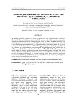 Diversity, Distribution and Biological Activity of Soft Corals (Octocorallia, Alcyonacea) in Singapore