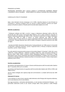 Francesco Altimari, Professore Ordinario Ssd L-Lin/18 (Lingua E Letteratura Albanese) Presso L'università Della Calabria