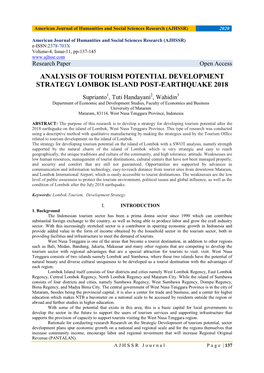 Analysis of Tourism Potential Development Strategy Lombok Island Post-Earthquake 2018