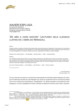 XAVIER ESPLUGA Universitat De Barcelona Departament De Filologia Clàssica, Romànica I Semítica (Grup LUDUS)