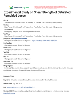 Experimental Study on Shear Strength of Saturated Remolded Loess