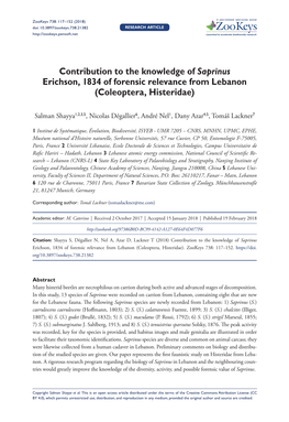 Contribution to the Knowledge of Saprinus Erichson, 1834 of Forensic Relevance from Lebanon (Coleoptera, Histeridae)