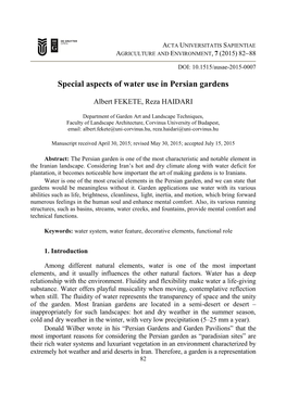 Special Aspects of Water Use in Persian Gardens