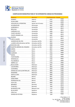 Codificacion Municipios Para Nº De Expedientes Unidad De Programas