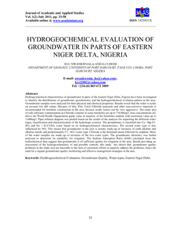 Hydrogeochemical Evaluation of Groundwater in Parts of Eastern Niger Delta, Nigeria