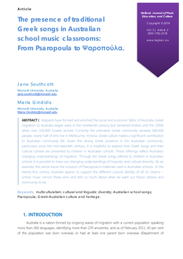 The Presence of Traditional Greek Songs in Australian School Music Classrooms: from Psaropoula to Ψαροπούλα