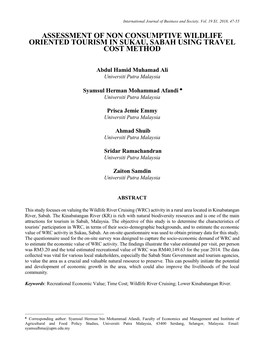 Assessment of Non Consumptive Wildlife Oriented Tourism in Sukau, Sabah Using Travel Cost Method