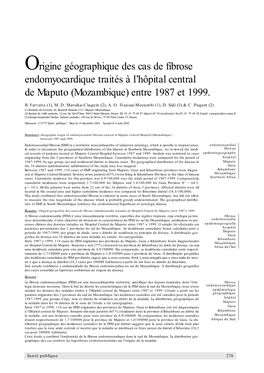 Origine Géographique Des Cas De Fibrose Endomyocardique Traités À L'hôpital Central De Maputo (Mozambique) Entre 1987 Et 1
