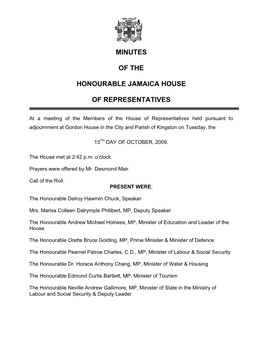 Minutes of the Honourable Jamaica House Of