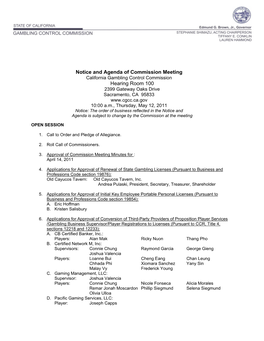 Notice and Agenda of Commission Meeting Hearing Room