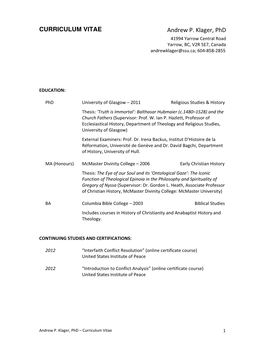 Curriculum Vitae – Andrew P. Klager –