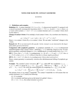 Notes for Math 599: Contact Geometry 1.1