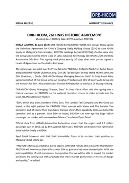 DRB-HICOM, ZGH INKS HISTORIC AGREEMENT Zhejiang Geely Holding Takes 49.9% Equity in PROTON